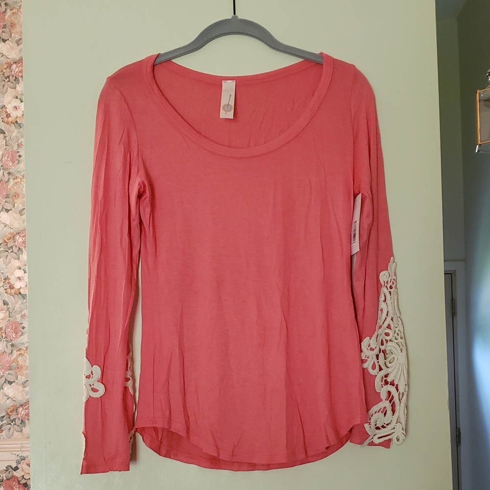Pink Lily Coral All I Need Lace Sleeve Blouse